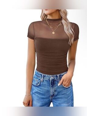 Avidlove Brown Mesh Mock Neck Ruched Bodysuit Sheer Stretch Top NWT Small